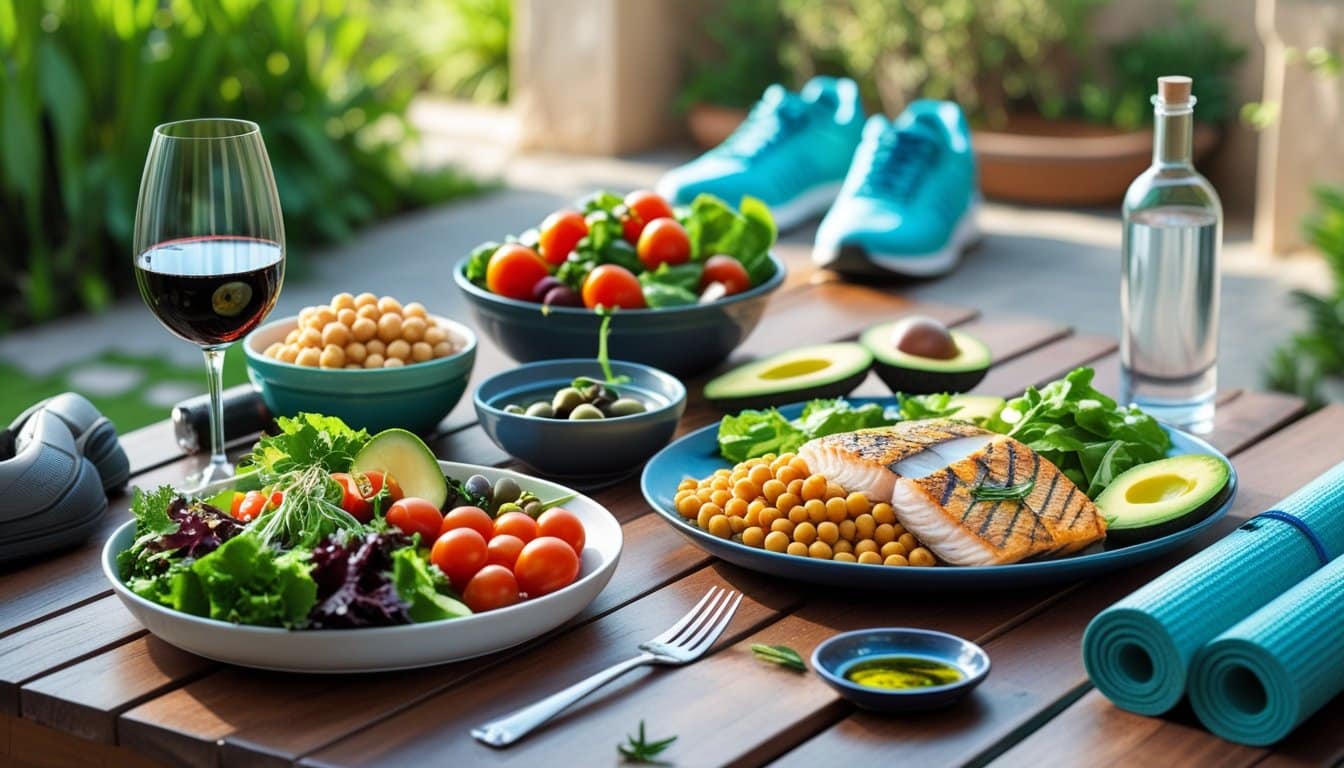 A table outdoors with a colorful Mediterranean meal including fish, vegetables, olives, bread, and wine, alongside running shoes, a yoga mat, and a water bottle in a garden setting.