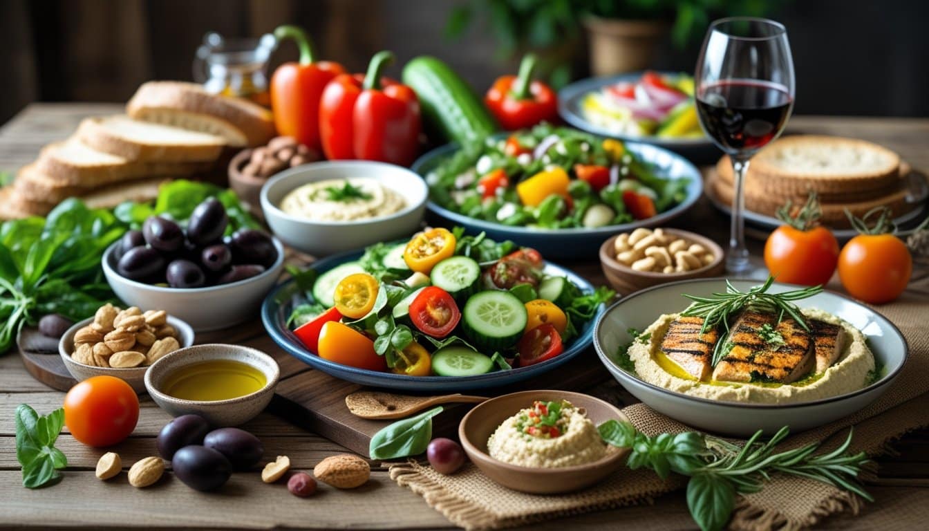 A table set with fresh Mediterranean diet ingredients and prepared dishes including salad, grilled fish, olives, bread, and olive oil.
