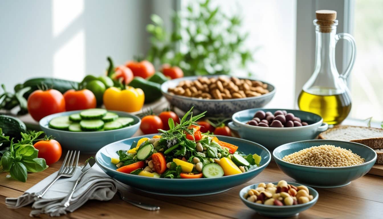 A wooden table set with fresh Mediterranean foods including vegetables, olive oil, nuts, whole grains, and grilled fish, arranged in an inviting and healthy meal display.