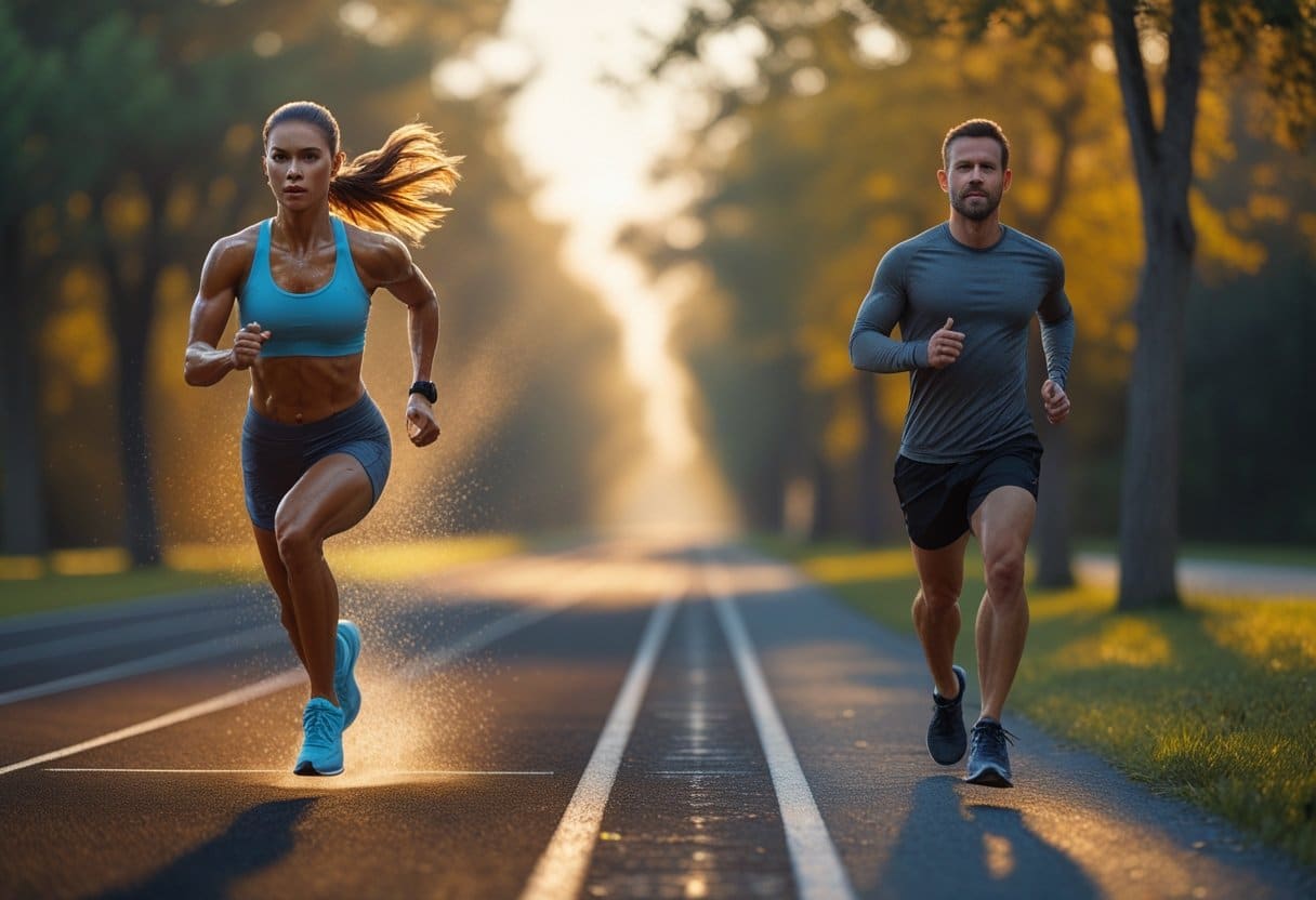 A woman sprinting intensely on a running track while a man jogs steadily on a nearby tree-lined path, both exercising outdoors in natural sunlight.