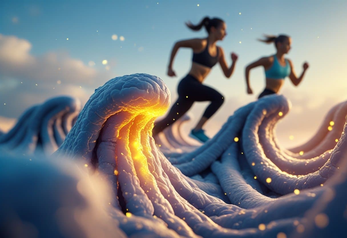 Close-up of glowing telomeres on human chromosomes with two athletes in the background, one sprinting and one jogging.