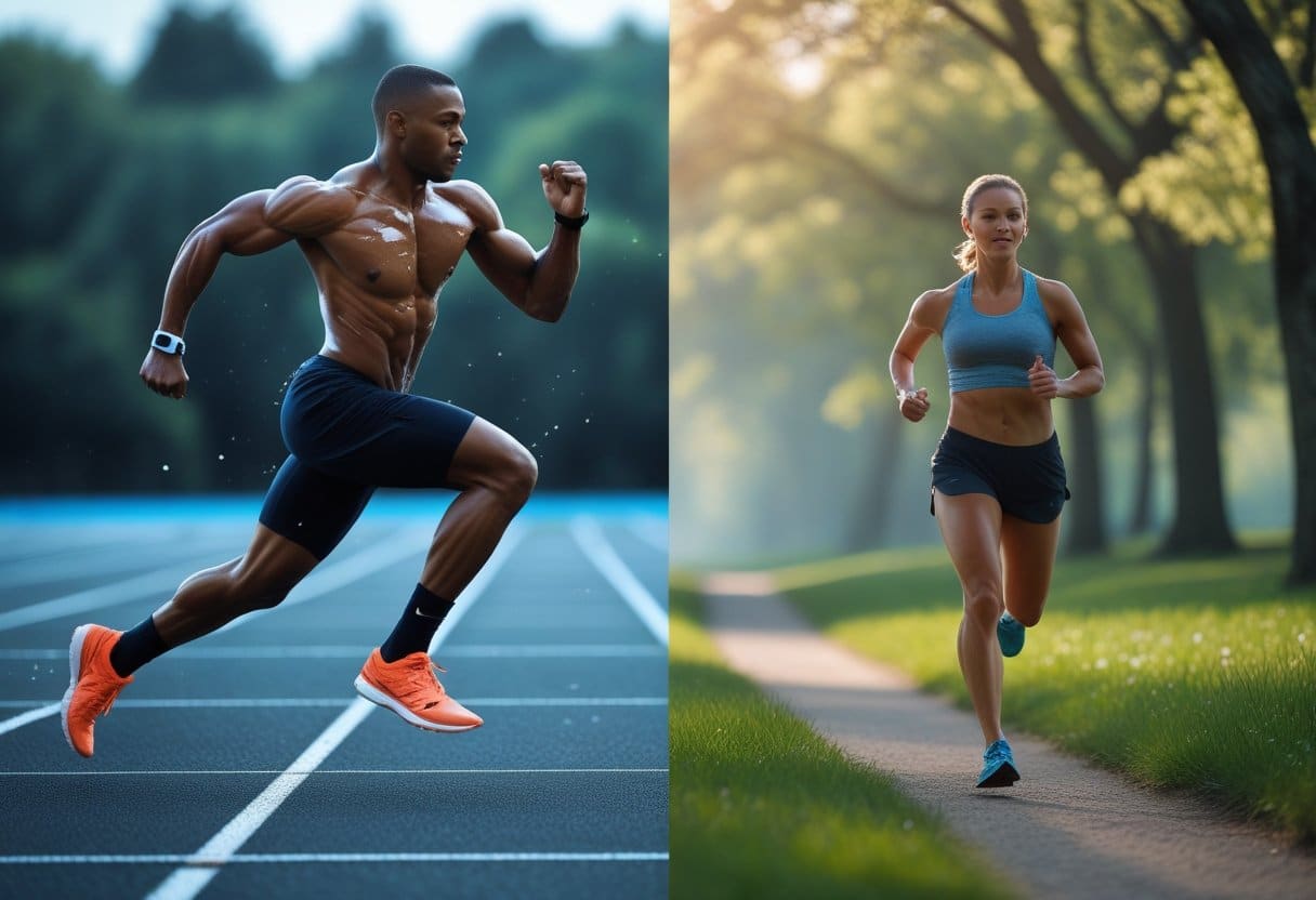 Two athletes exercising side by side: one sprinting intensely on a track, the other jogging steadily on a forest trail.