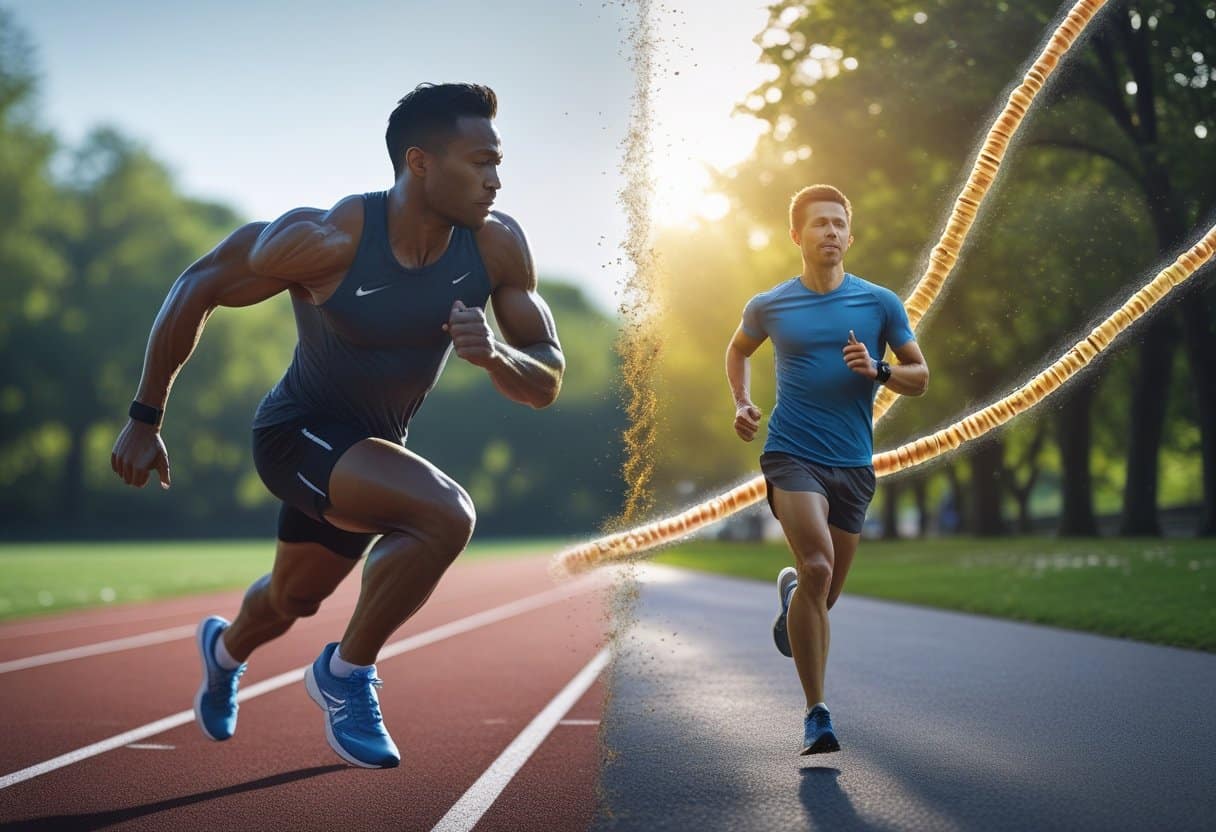 Two athletes exercising outdoors: one sprinting intensely and the other jogging steadily, with a subtle background of glowing DNA strands symbolizing cellular health.