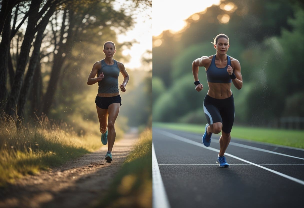 A runner jogging steadily on a forest trail and another athlete sprinting intensely on a track, side by side outdoors.