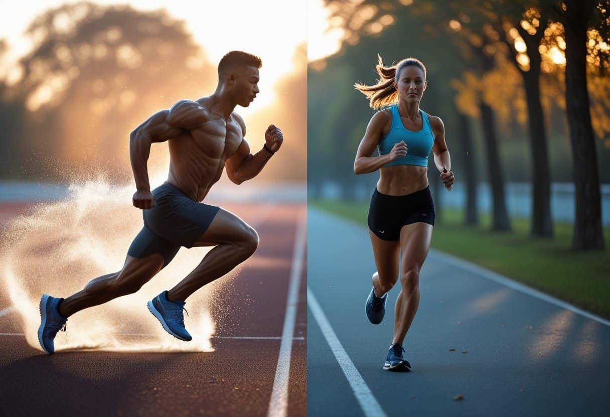 Two athletes exercising outdoors side by side, one sprinting intensely and the other jogging steadily on a tree-lined path during golden hour.