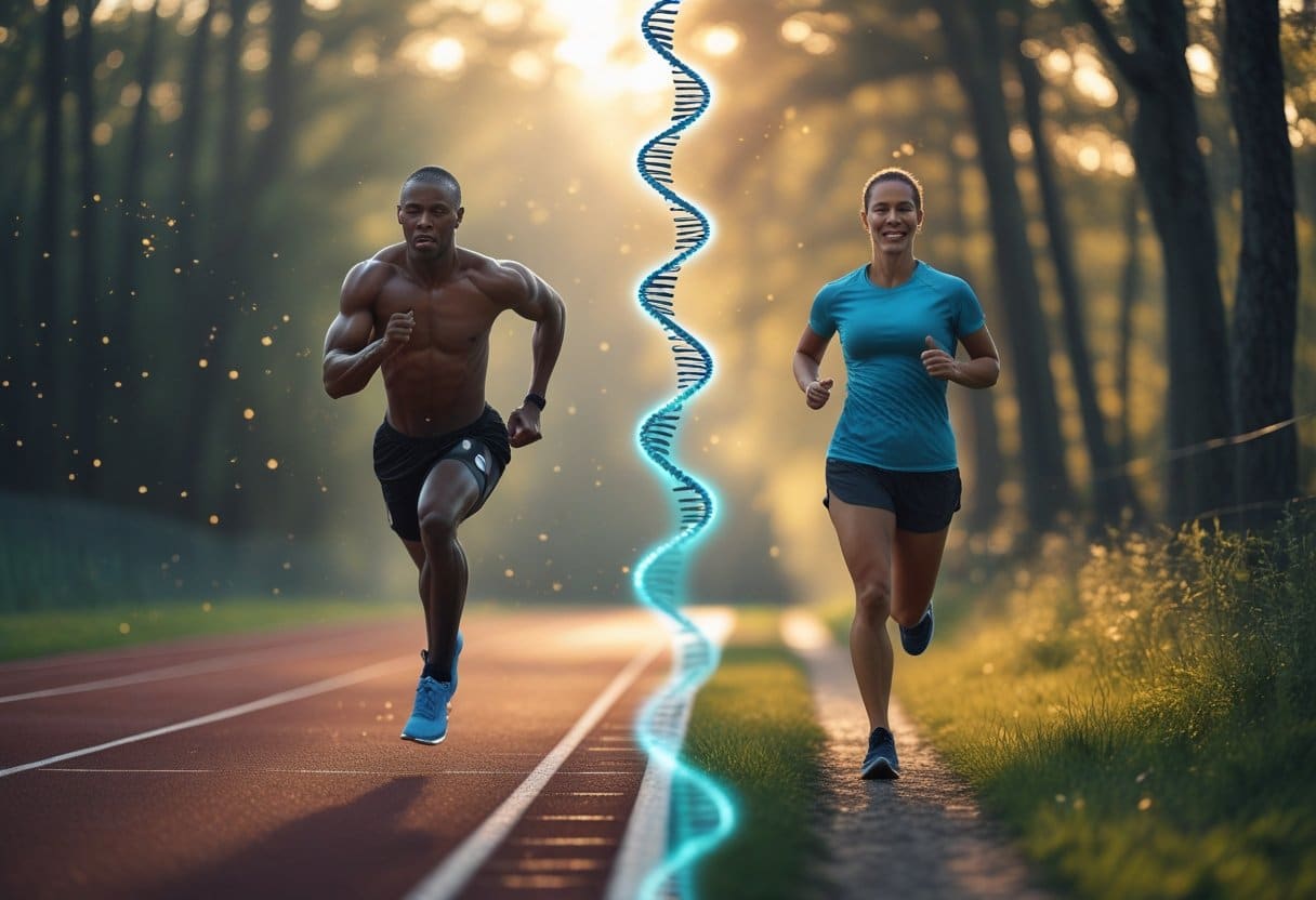 Two athletes exercising side by side outdoors, one sprinting intensely on a track and the other jogging calmly through a forest path, with subtle glowing DNA strands in the background.