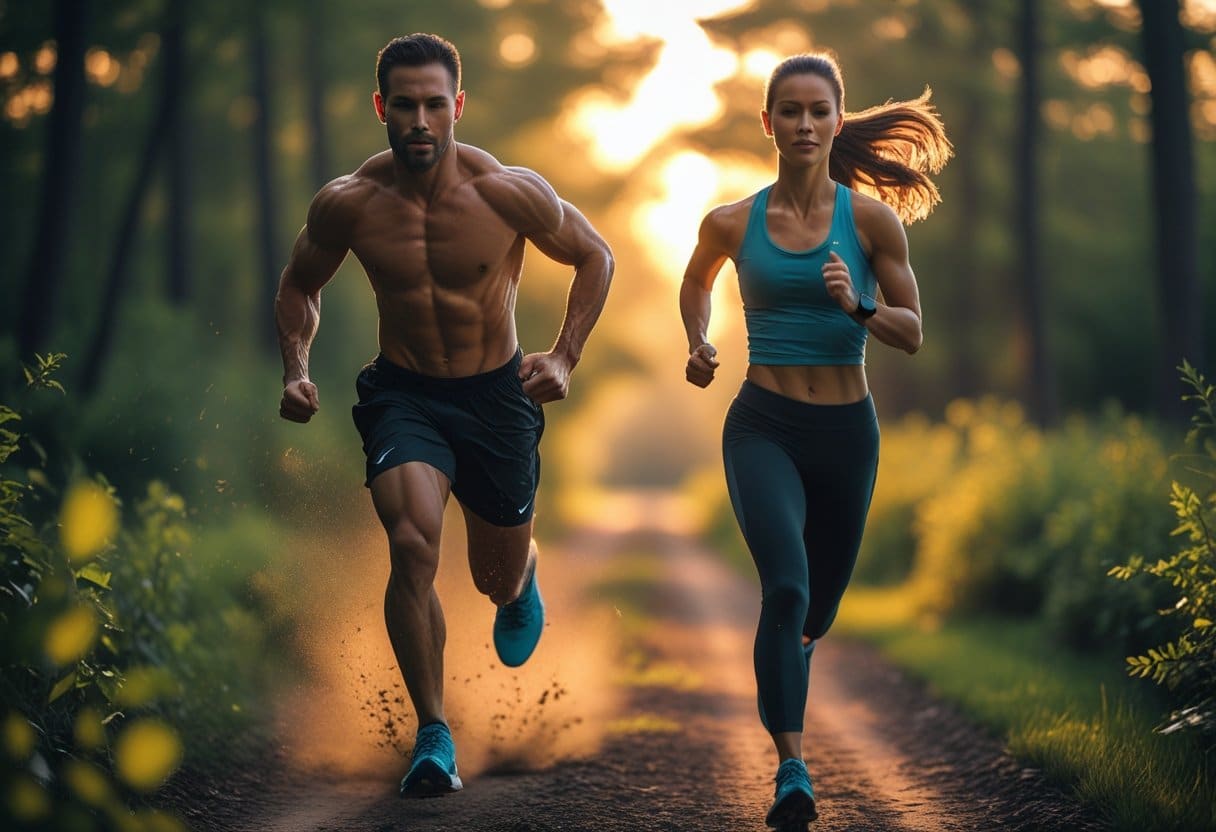 A man sprinting intensely on a forest trail while a woman jogs steadily nearby, surrounded by lush greenery and warm sunlight.