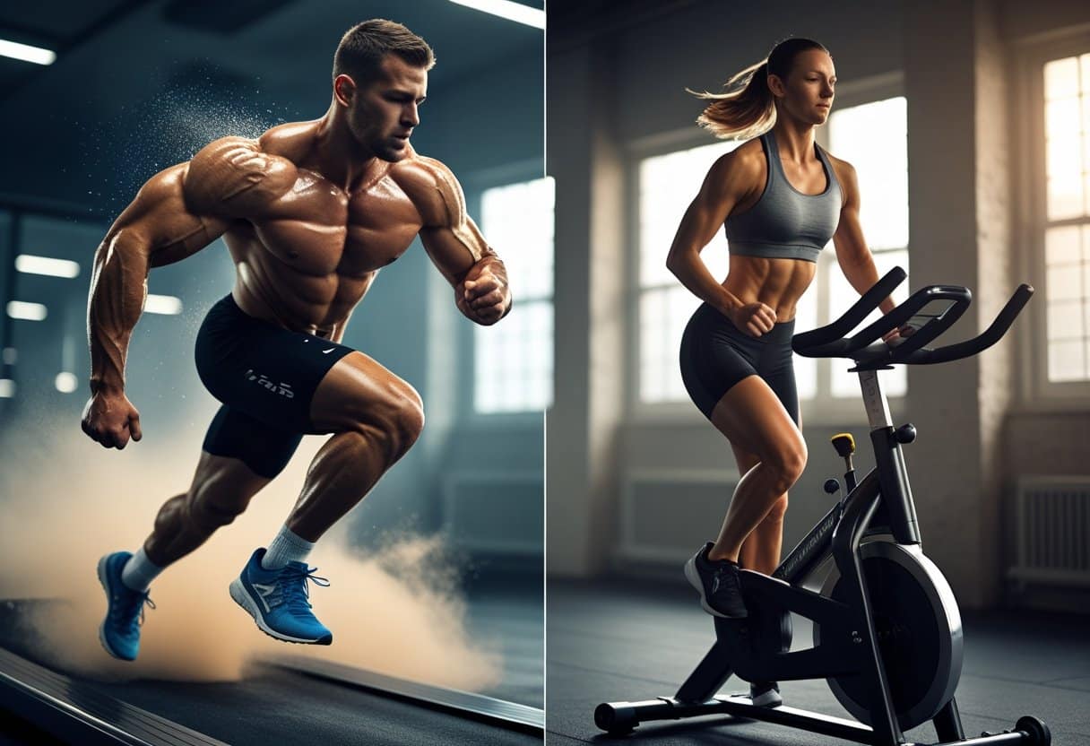 Two athletes exercising side by side in a gym, one sprinting intensely on a treadmill and the other jogging steadily on a stationary bike.