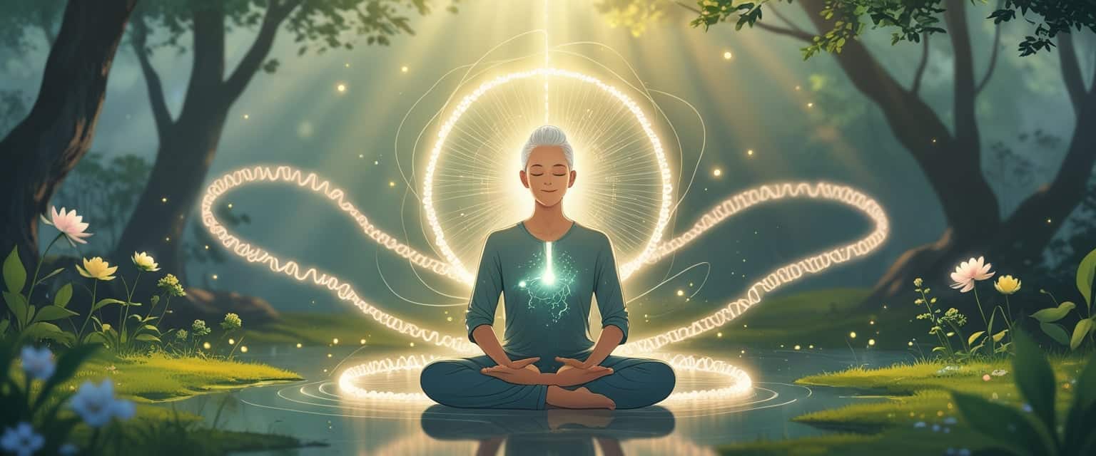 A person meditating peacefully outdoors surrounded by glowing DNA strands and natural elements symbolizing health and longevity.