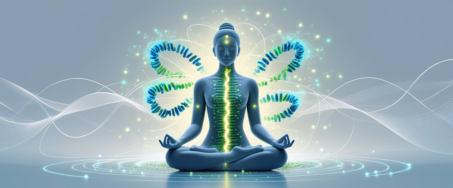 A person meditating surrounded by glowing DNA strands and light particles representing increased telomerase activity through mindfulness.