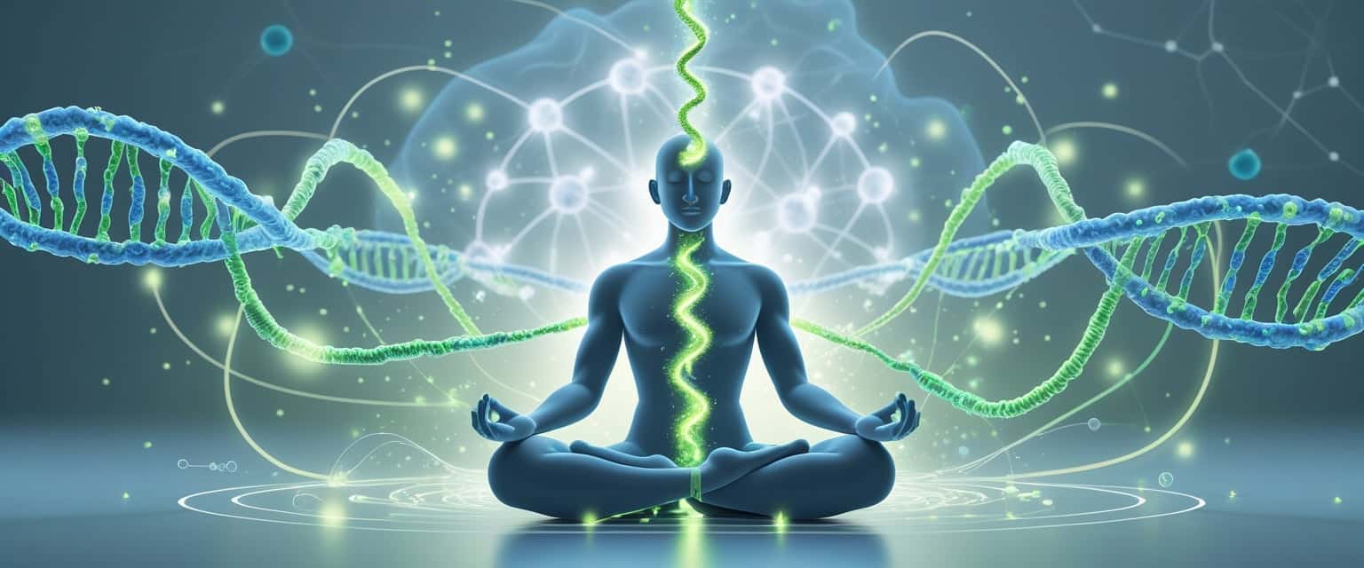 A person meditating surrounded by glowing DNA strands and cells, symbolizing mindfulness techniques boosting cellular health.
