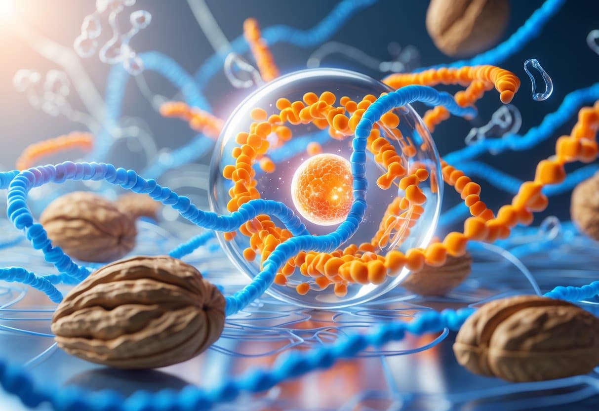 A 3D scene showing a human cell surrounded by omega-3 molecules and natural sources like fish, flaxseeds, and walnuts, representing the effects of omega-3 supplements on cellular aging.
