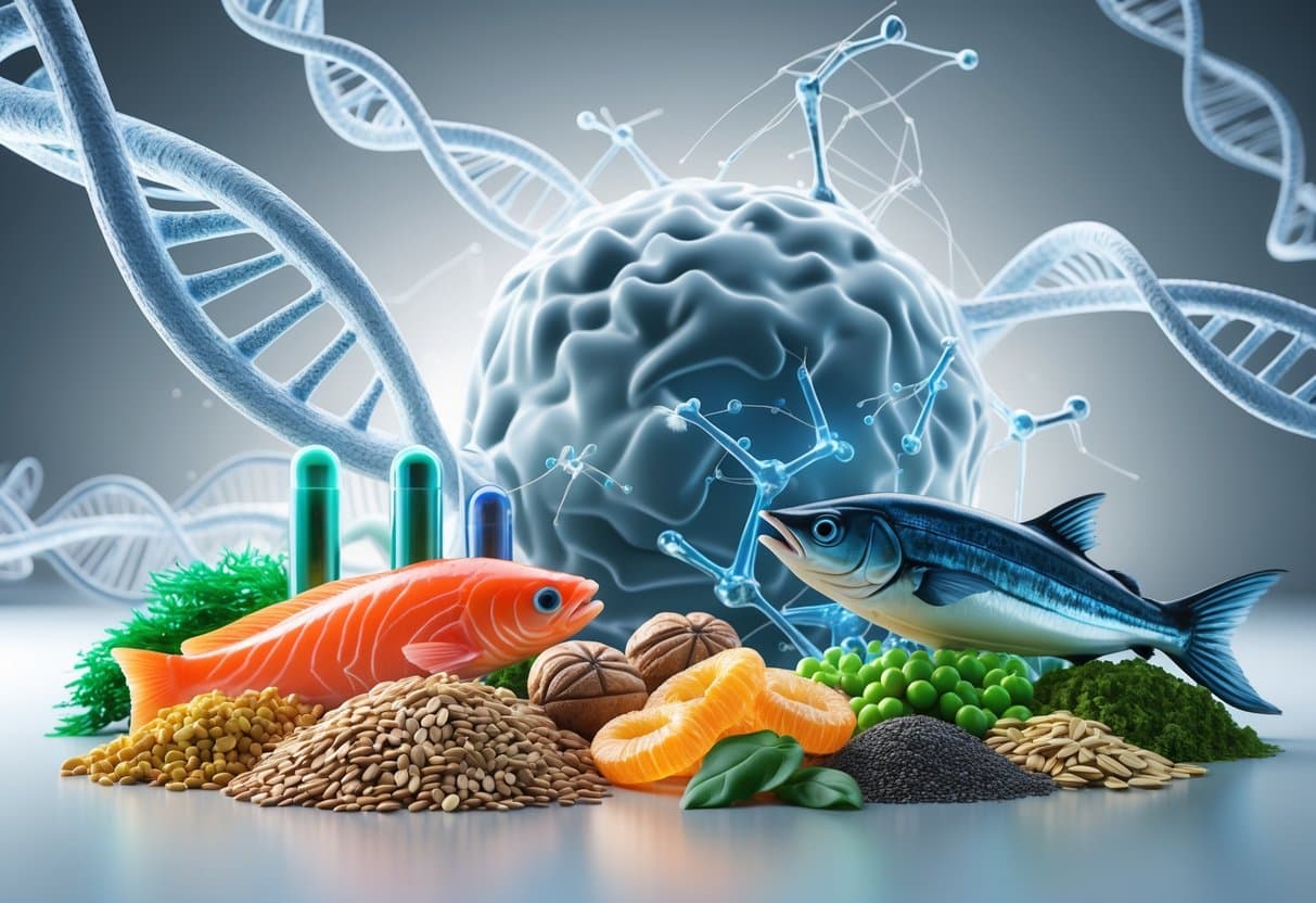 A 3D scene showing omega-3 rich foods like fish, seeds, and nuts next to glowing supplement capsules, with a human cell and molecular structures in the background representing cellular health.
