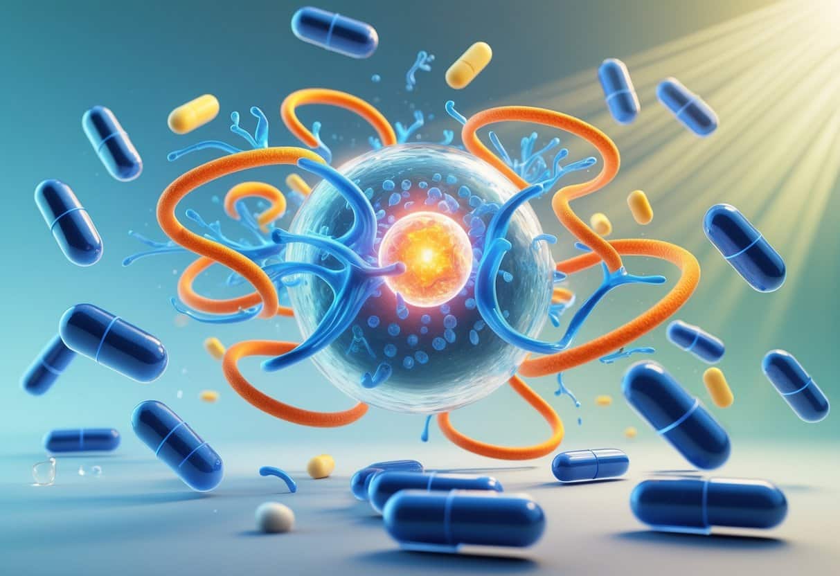 A 3D rendering of a human cell surrounded by omega-3 molecules and supplement capsules, illustrating the interaction between supplements and cellular health.