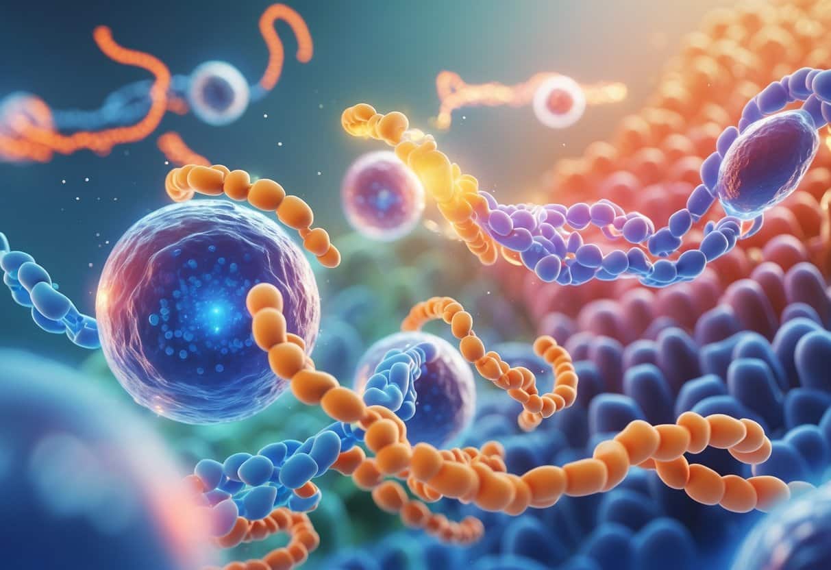 Close-up 3D view of human cells interacting with omega-3 molecules, showing healthy and aged cells side by side to illustrate effects on cellular aging.