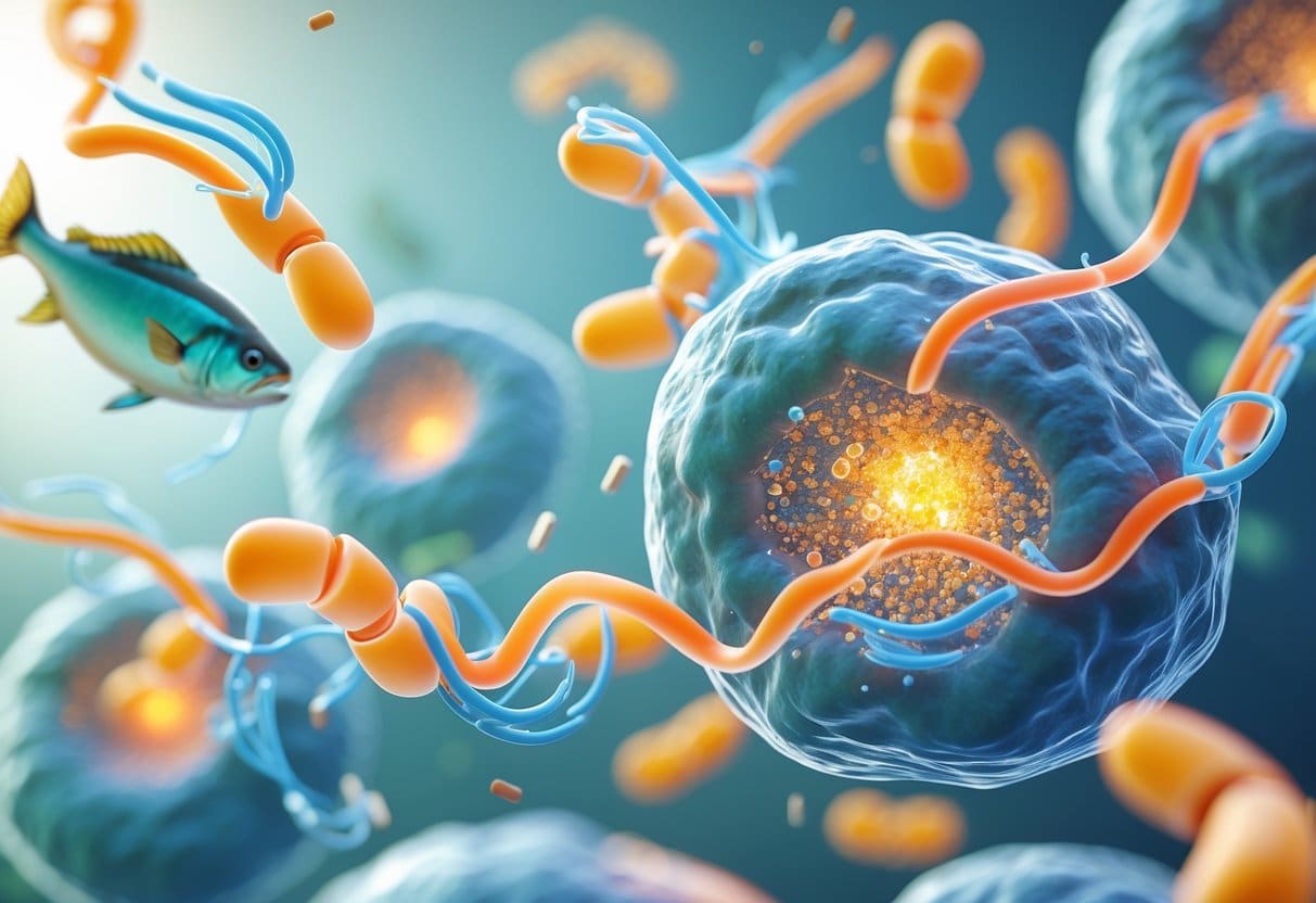 Close-up 3D view of human cells interacting with omega-3 molecules, surrounded by representations of fish, flaxseeds, and supplement capsules, symbolizing health and disease prevention.