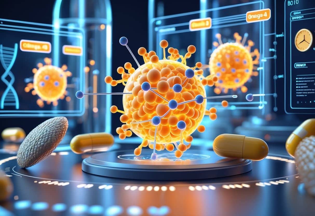 A 3D scene showing a human cell with omega-3 molecules integrating into its membrane, surrounded by models of fish, flaxseeds, and supplement capsules connected by glowing lines, set in a futuristic lab with digital molecular displays.