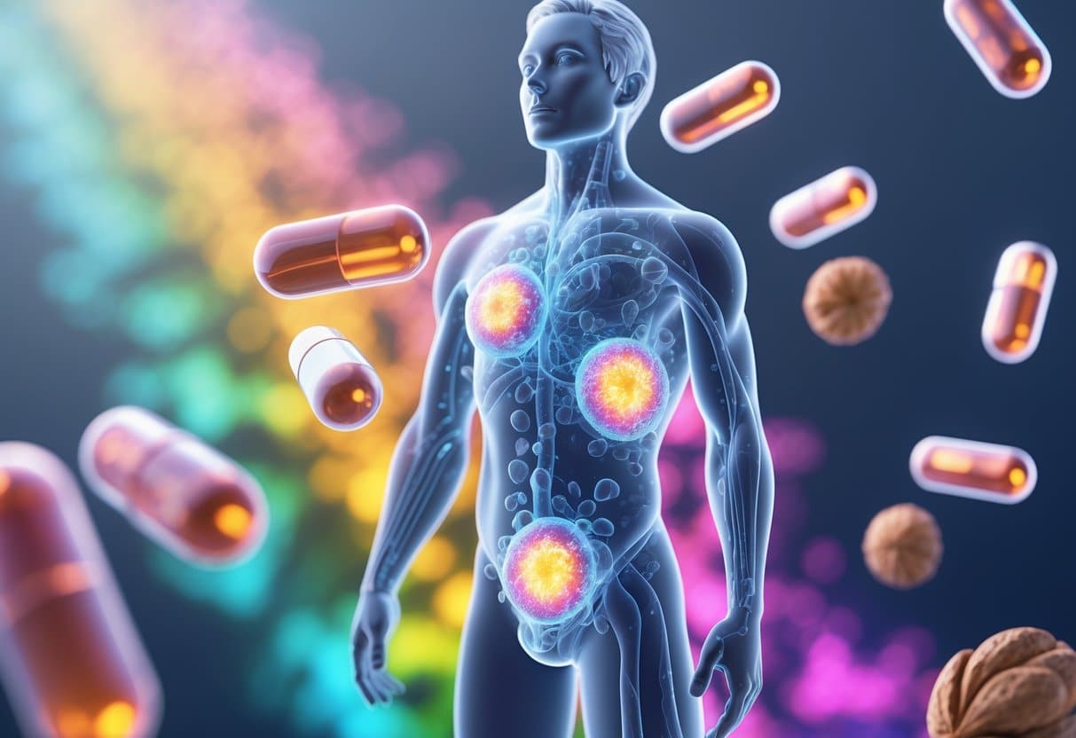 A transparent human figure with glowing cells inside, surrounded by omega-3 sources like fish, flaxseeds, and walnuts, illustrating the impact of supplements on cellular aging.