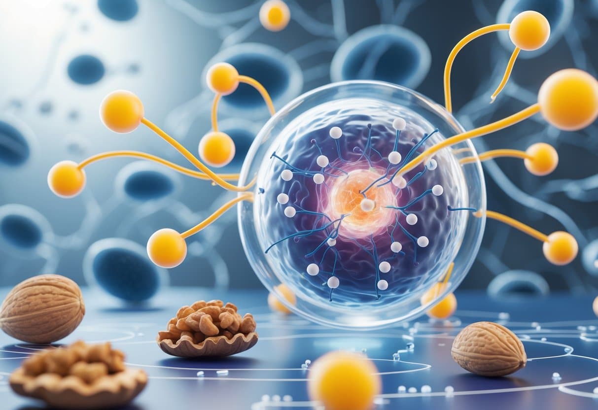 A 3D scene showing a human cell with omega-3 molecules and natural food sources like fish, walnuts, and flaxseeds around it.