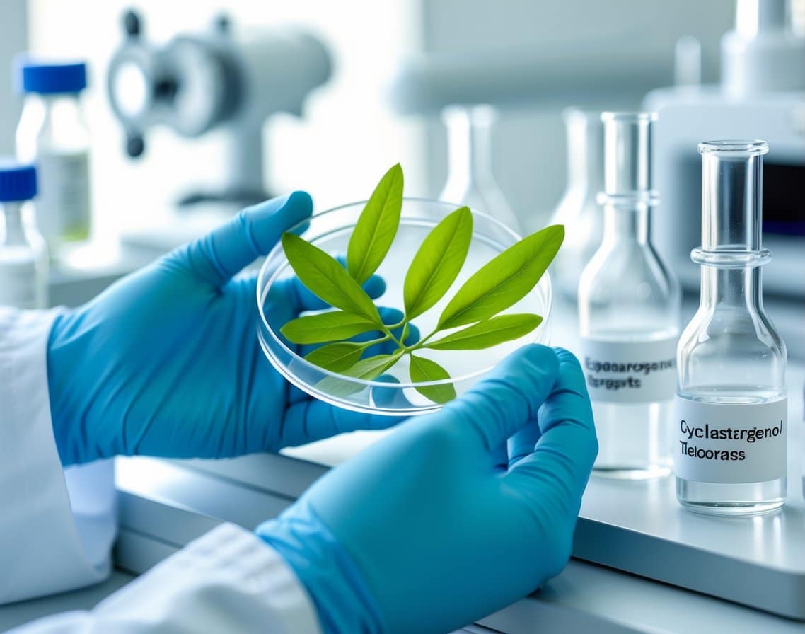 Hands in blue gloves holding a petri dish with green plant leaves in a laboratory setting with glass vials and scientific equipment in the background.