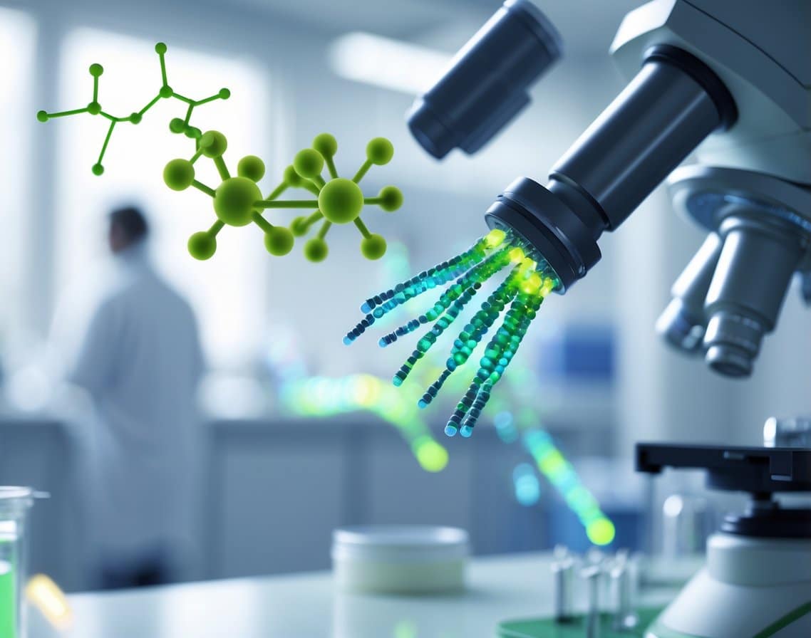 Close-up view of human cells highlighting chromosome ends with glowing telomeres and molecular structures in a laboratory setting.