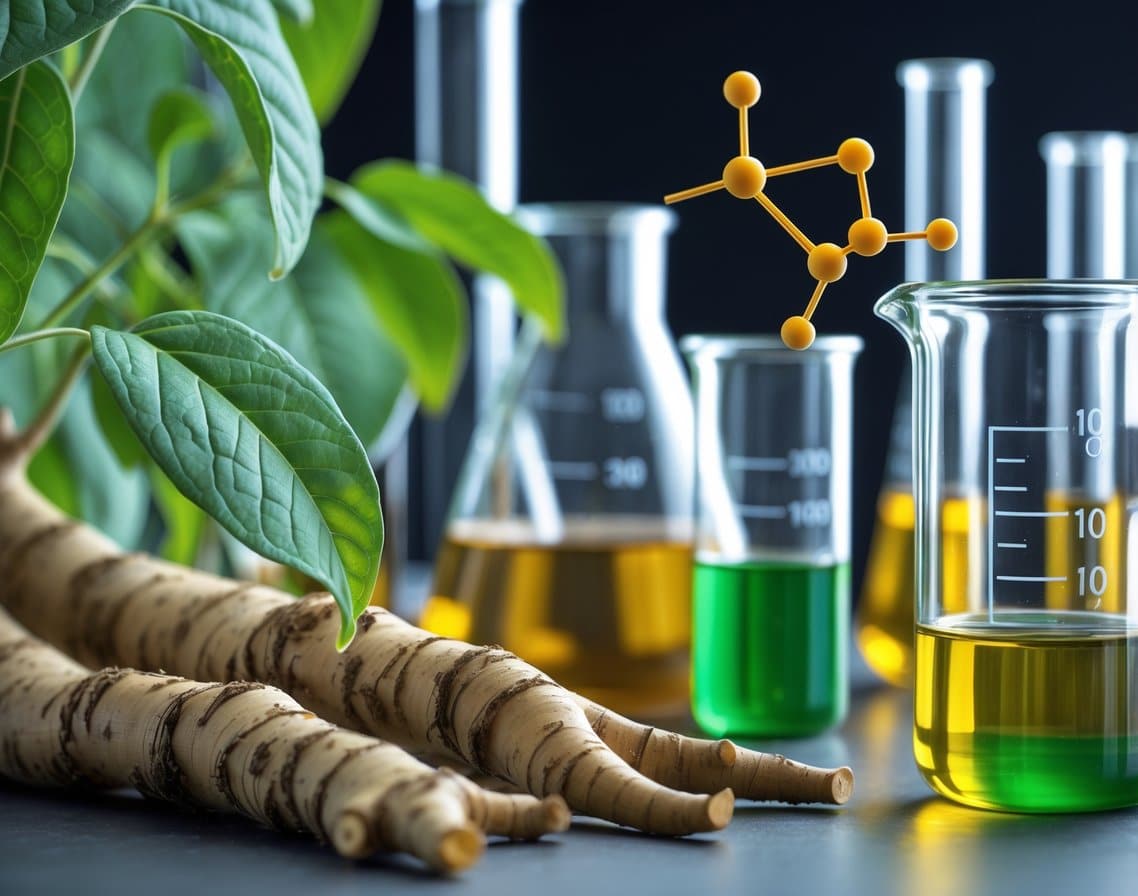 Close-up of Astragalus plant roots and leaves next to laboratory glassware with liquids and a molecular model representing enzyme activation.