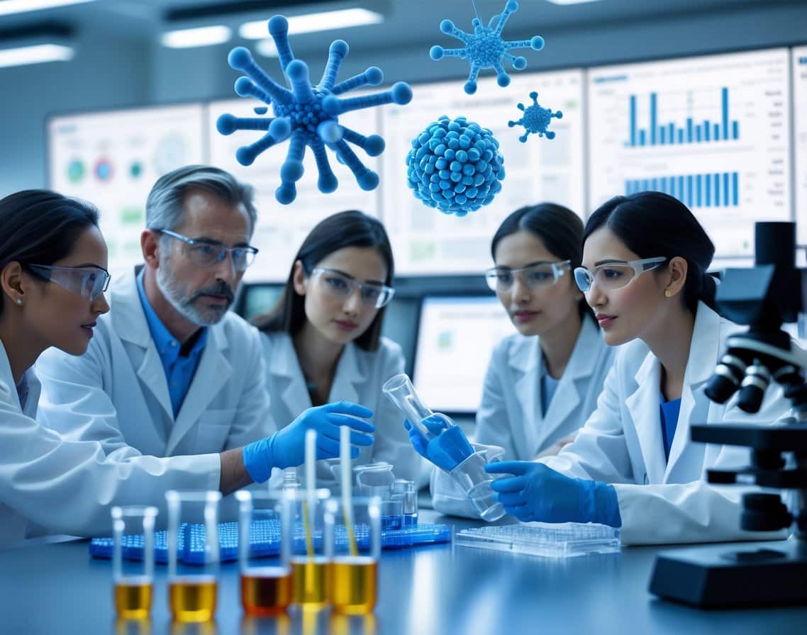 Scientists in a laboratory examining molecular models and digital data related to anti-aging and cellular longevity research.