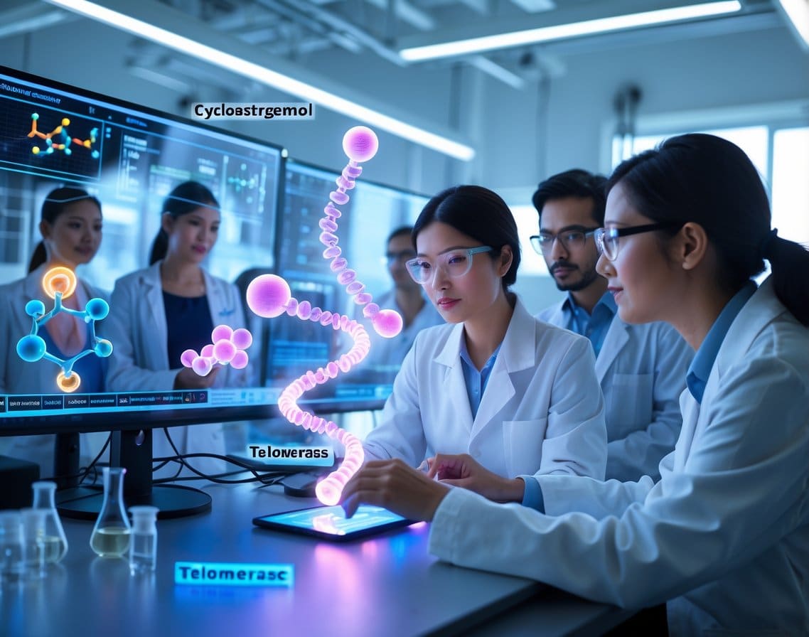 Scientists in a modern laboratory examining glowing molecular models and DNA structures related to aging research.