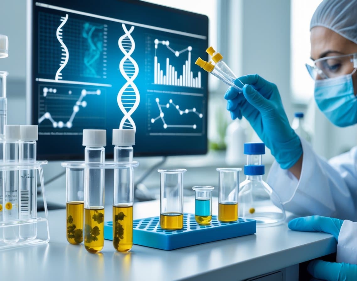 A scientist in a lab coat examines test tubes and molecular models in a modern laboratory focused on plant extracts and genetic research.