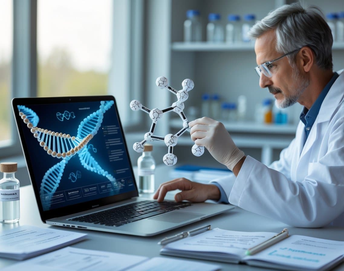 A scientist in a lab coat studies a molecular model at a desk with a laptop showing DNA graphics and scientific papers nearby.
