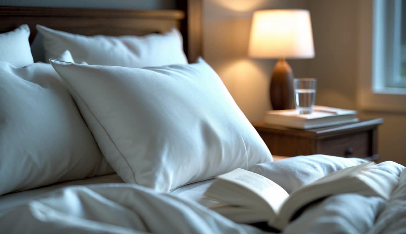 A peaceful bedroom at night with a neatly made bed, a bedside lamp, reading glasses, a glass of water, and an open book on a wooden nightstand.