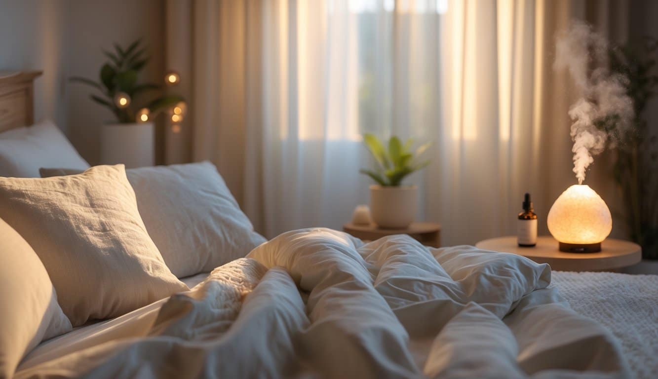A peaceful bedroom with a neatly made bed, soft natural light through curtains, a bedside table with a small plant, an essential oil diffuser, and a glowing salt lamp.
