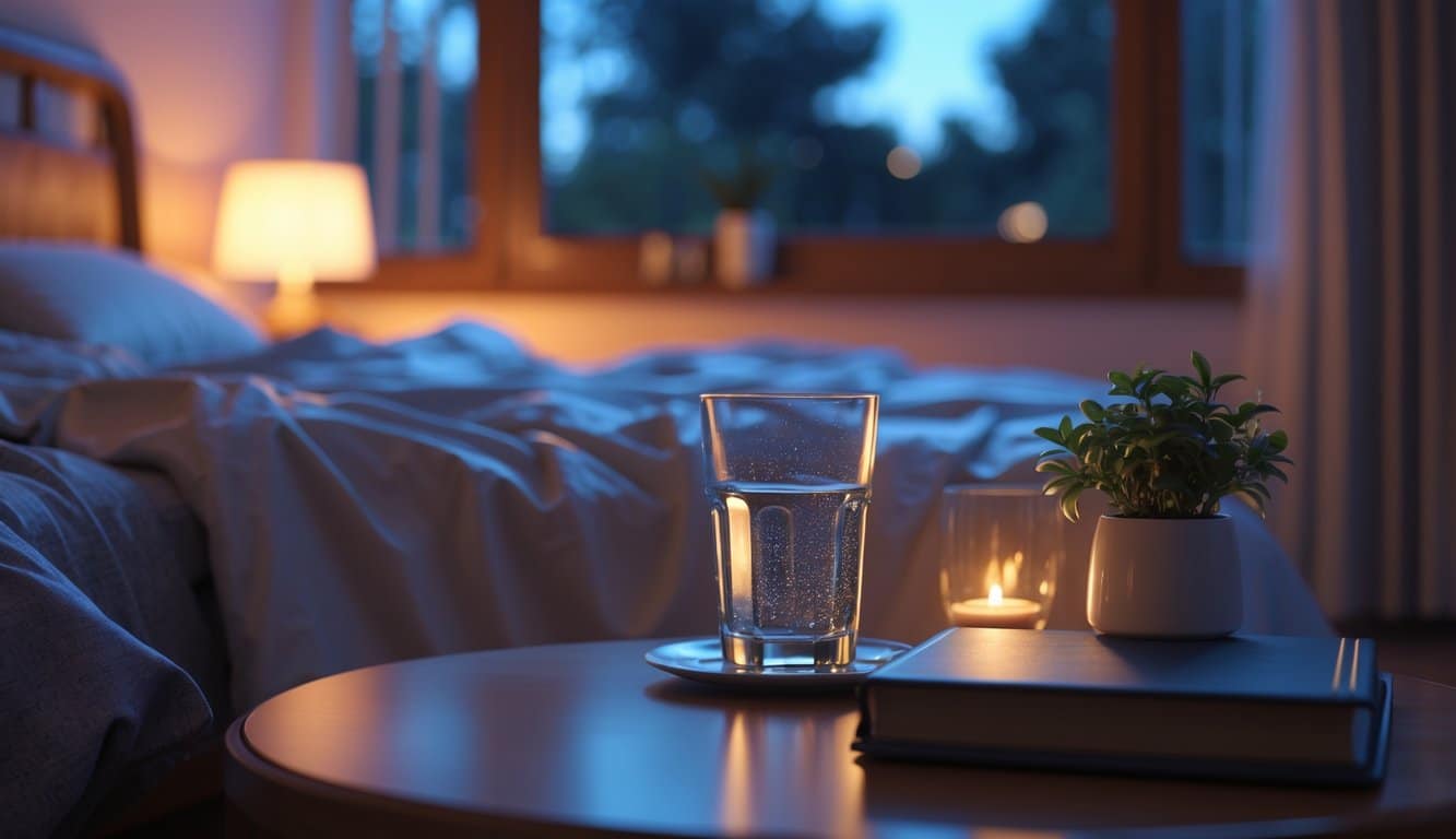 A peaceful bedroom at twilight with a bedside table holding a glass of water, a small plant, and a closed book next to a softly glowing lamp and a cozy bed with rumpled sheets.