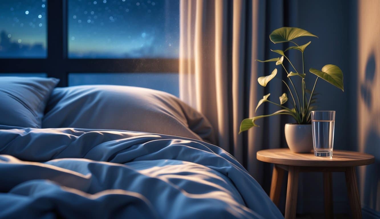 A peaceful bedroom at night with a neatly made bed, a bedside table holding a glass of water and a small plant, and a window showing a starry night sky.
