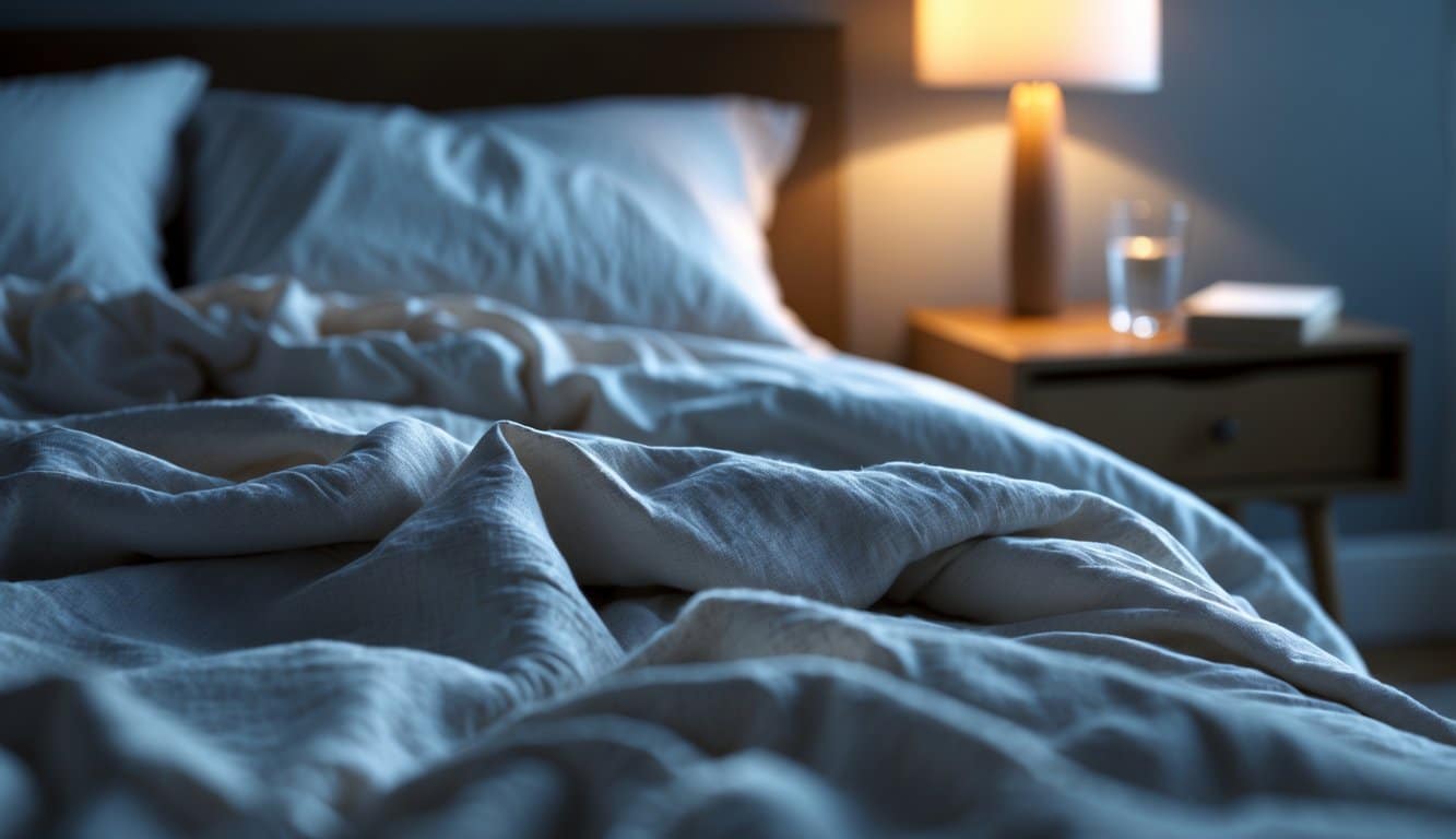 A peaceful bedroom at night showing a neatly made bed with soft bedding and a wooden nightstand with a glass of water and a book.