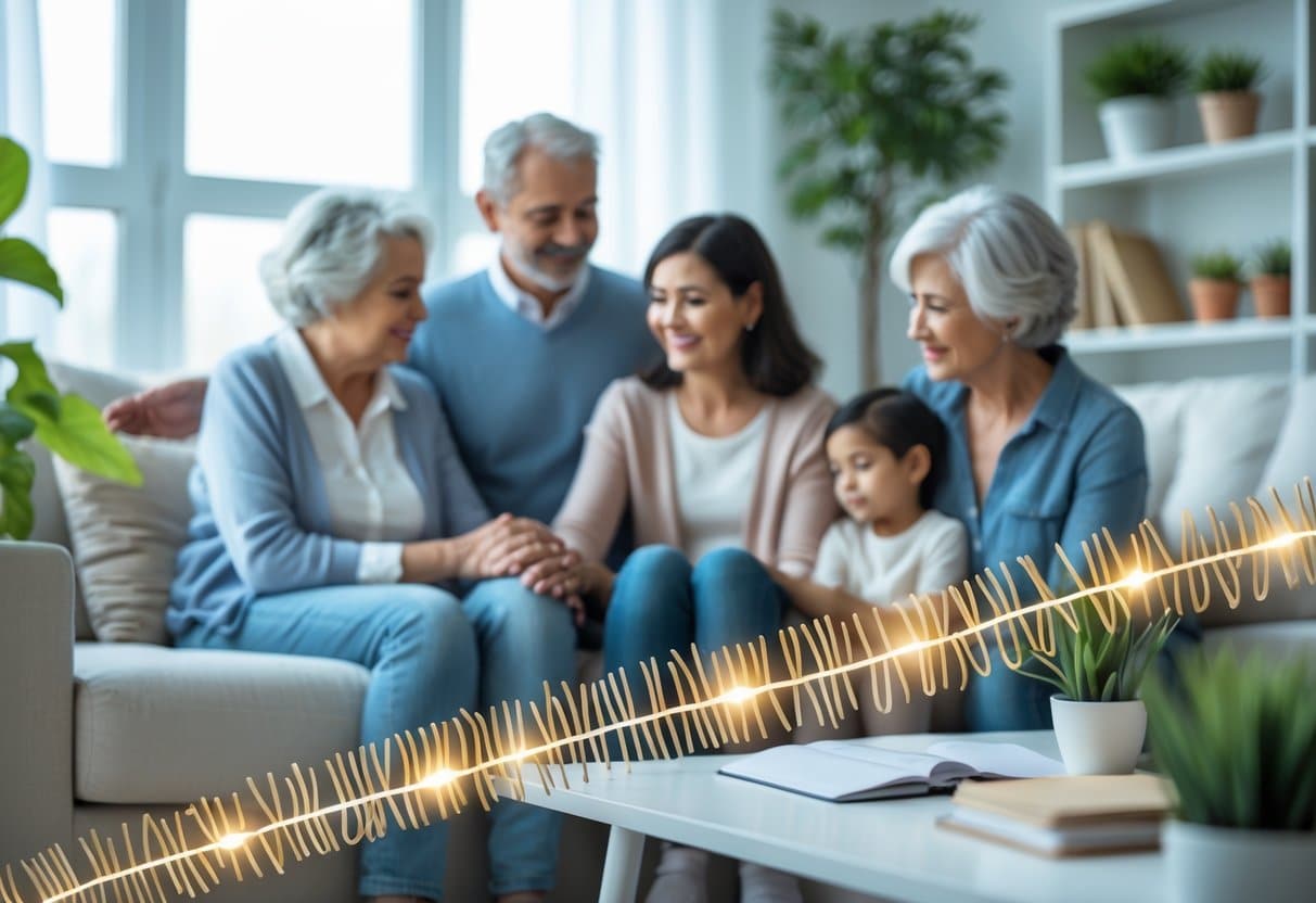 A multi-generational family spending time together in a cozy home, with a subtle artistic representation of DNA strands showing telomere shortening.