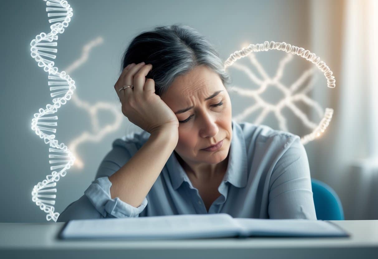 A person sitting at a desk looking stressed and thoughtful with faint DNA strands in the background symbolizing the effects of stress on the body.