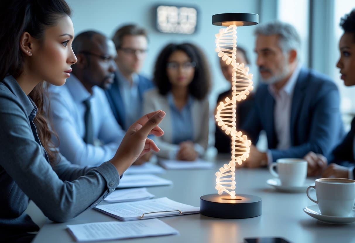 A group of adults in a modern office discussing while a woman holds a glowing DNA model showing segments shortening.