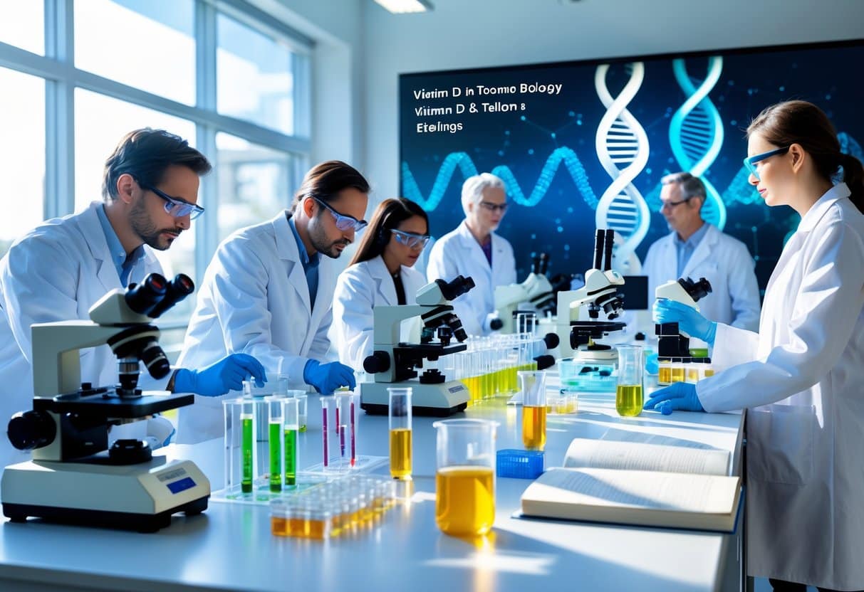 Scientists in a laboratory examining DNA models and vitamin D molecules with microscopes and lab equipment.