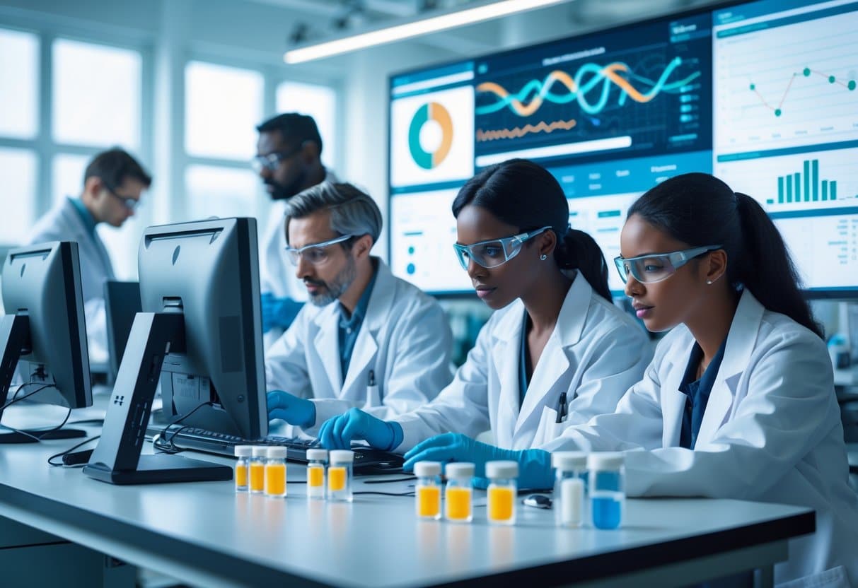 Researchers in a laboratory analyzing data and molecular models related to vitamin D and DNA, surrounded by scientific equipment.