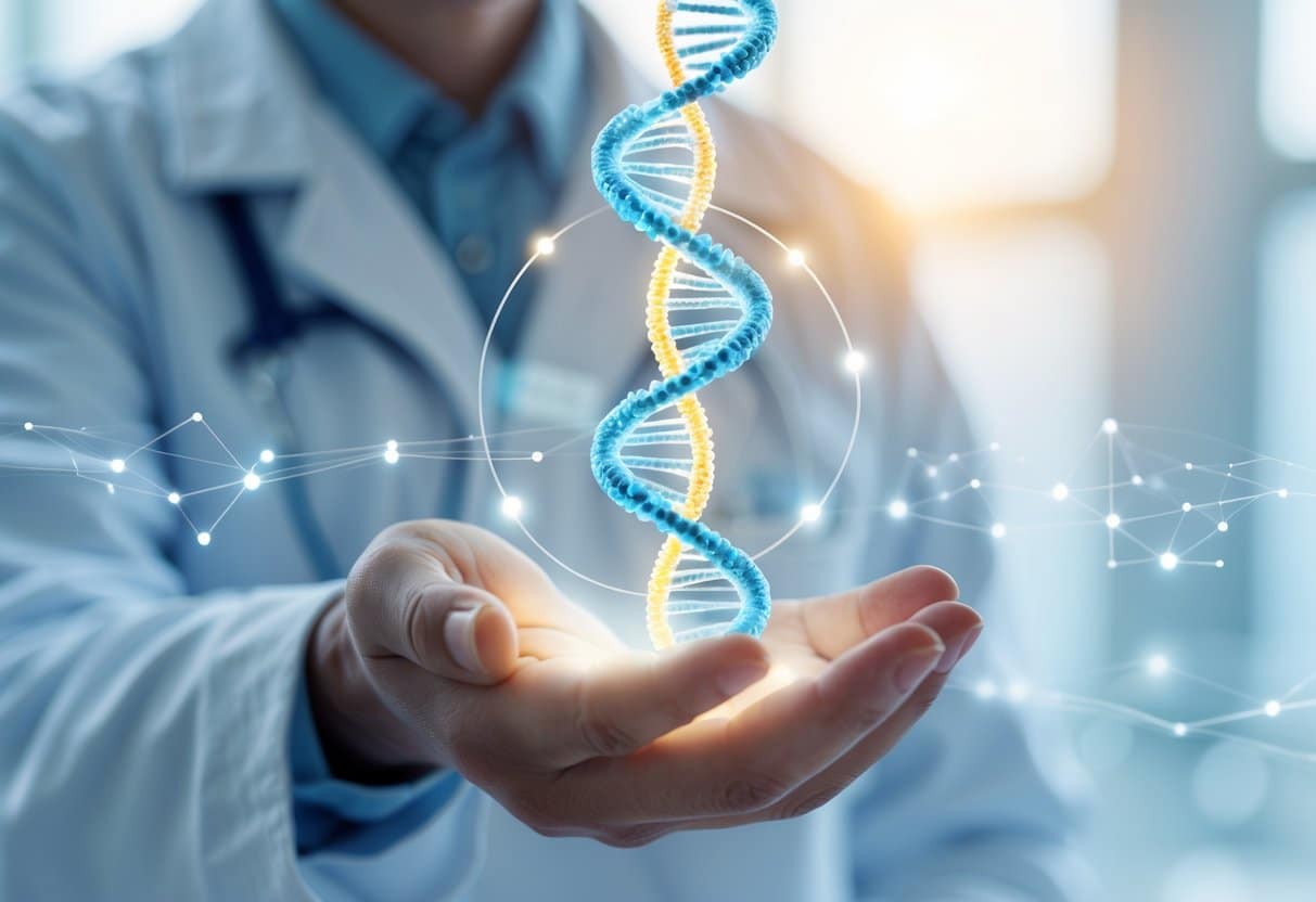 A close-up of a hand holding a glowing 3D DNA helix with highlighted telomeres and subtle sunlight rays representing vitamin D, set against a clean scientific background.