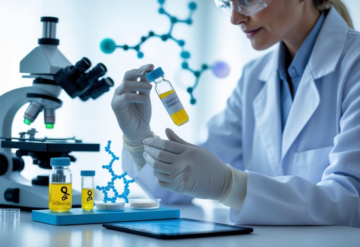 A researcher in a lab coat working in a laboratory with scientific equipment and DNA models representing Vitamin D and telomere research.