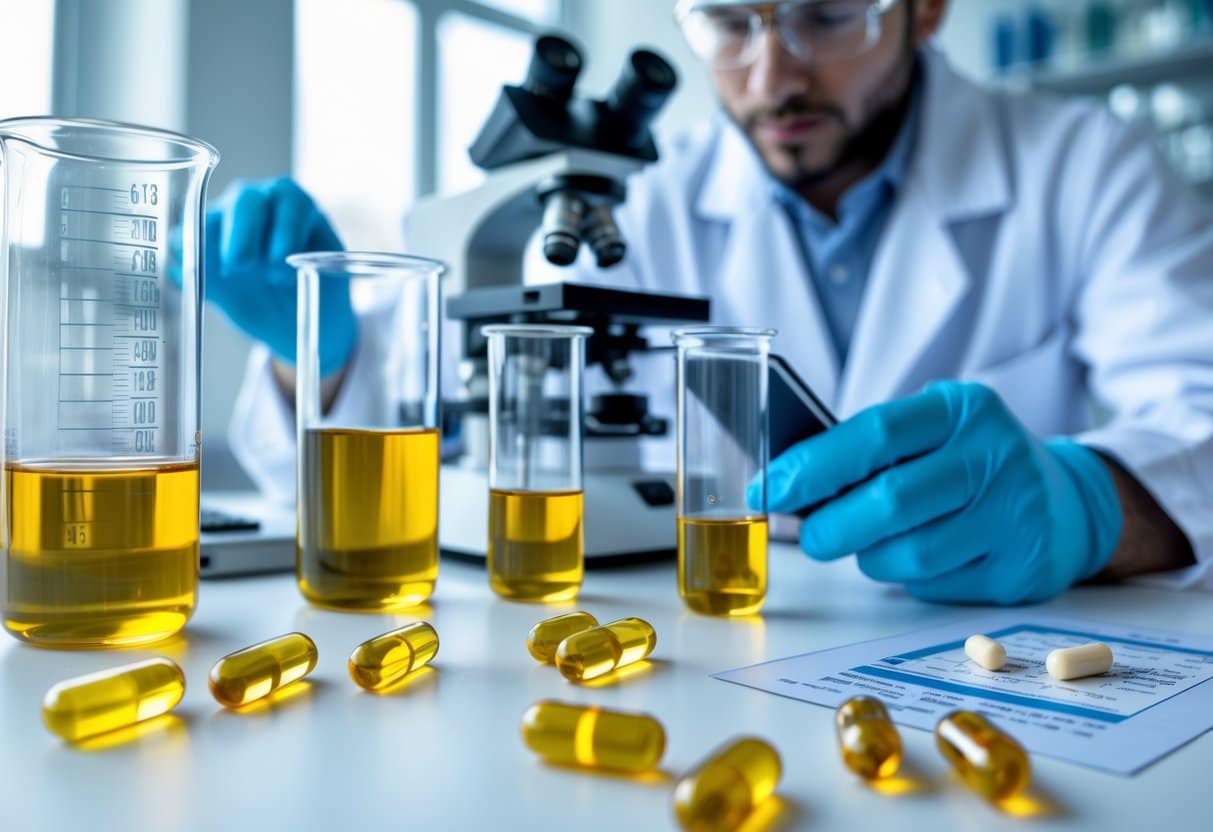 A laboratory table with omega-3 capsules, vitamin D pills, glass beakers, and a researcher analyzing data on a tablet.