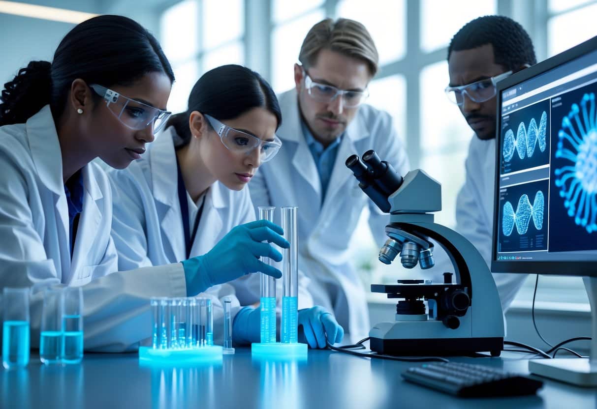 Researchers in a modern laboratory studying DNA models and vitamin D molecules, surrounded by scientific equipment and computer screens displaying genetic data.