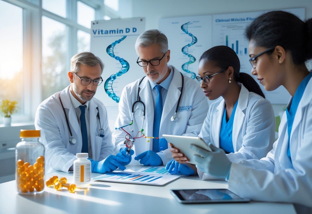 Medical researchers in a bright laboratory examining DNA models and clinical data with vitamin D supplements visible on the table.