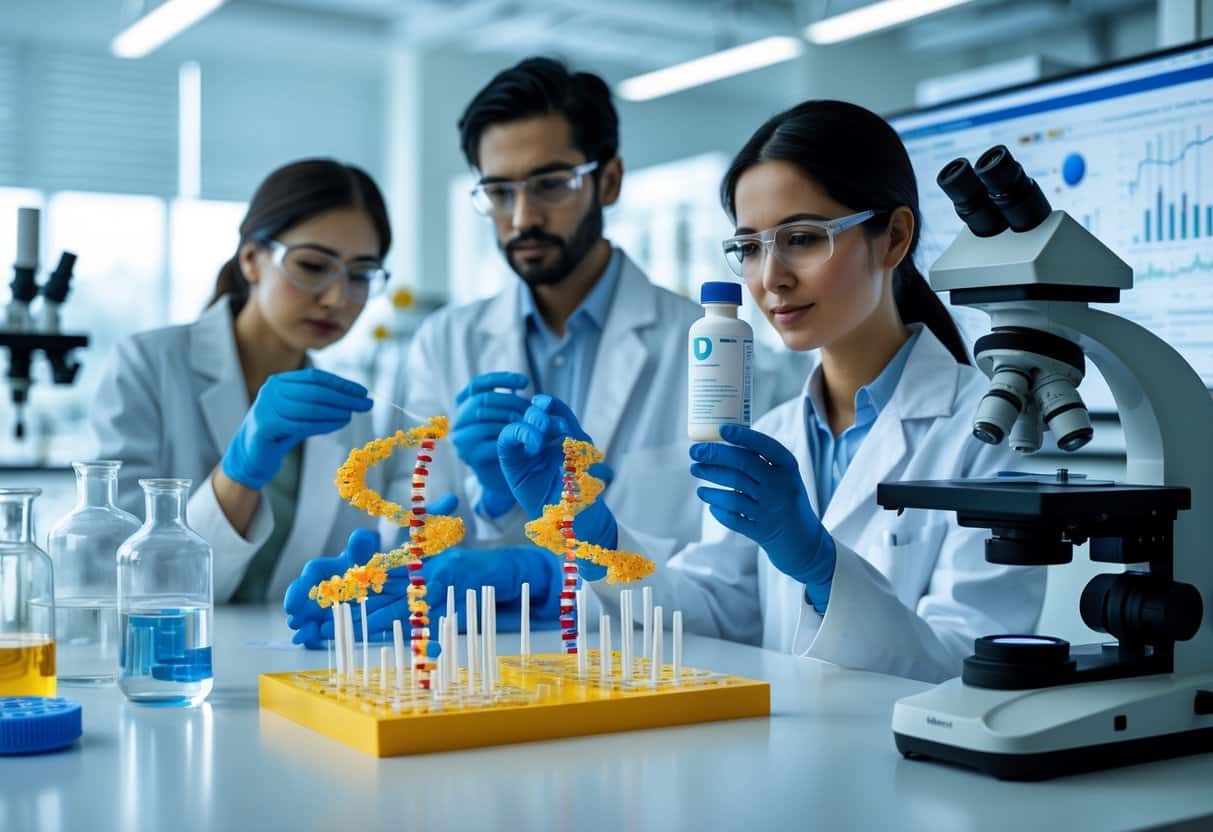 Researchers in a laboratory studying DNA models and vitamin D supplements with scientific equipment and data displays around them.