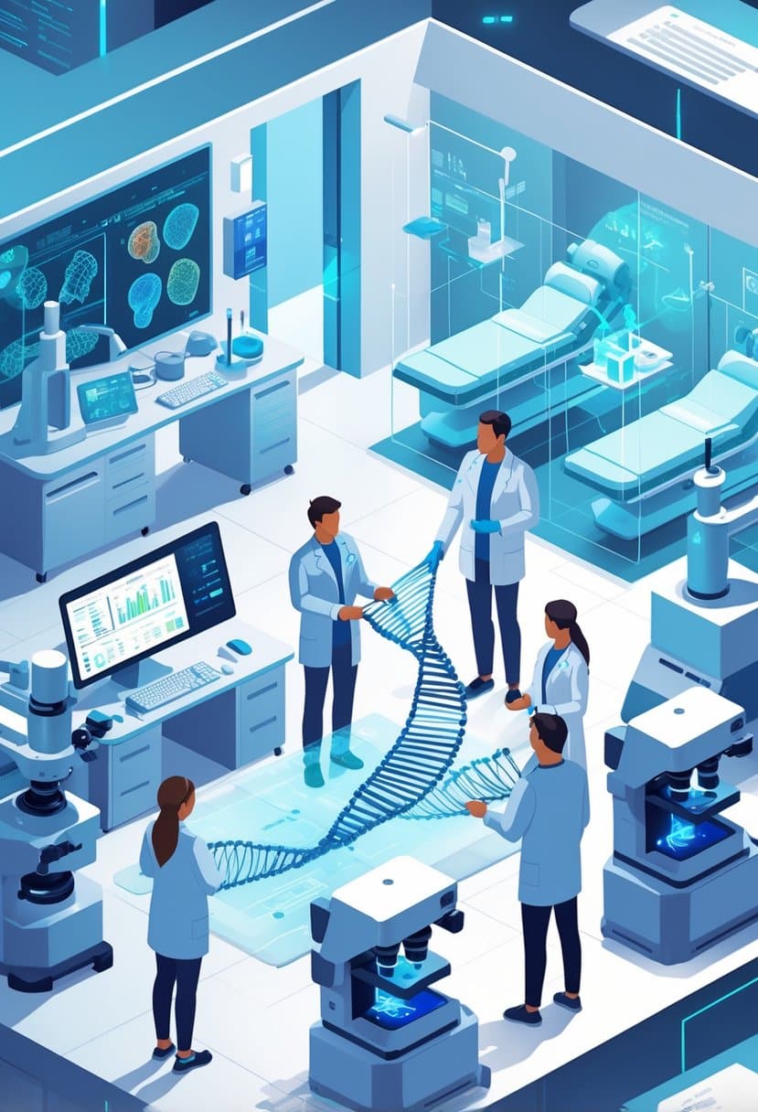 A futuristic laboratory where scientists study DNA and personalized health data using advanced technology and holograms.