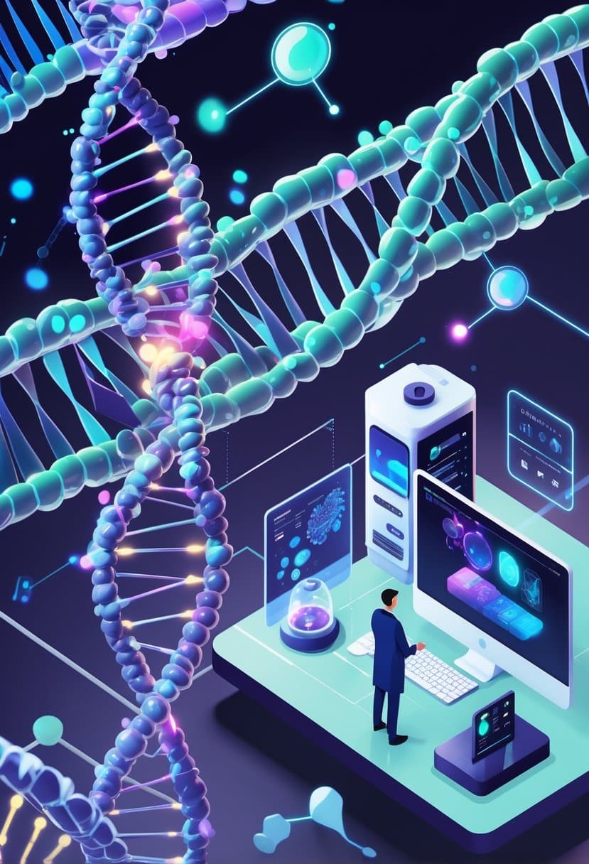 A detailed scene showing a DNA strand with glowing ends, a scientist examining holographic data, and futuristic lab equipment representing aging research and personalized medicine.