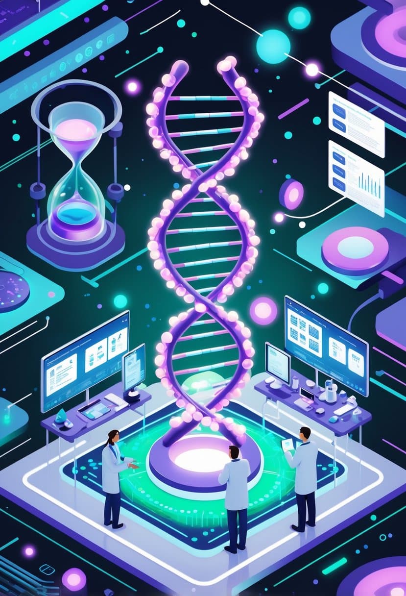 A detailed isometric illustration of a futuristic lab with scientists examining DNA strands and advanced technology representing telomere biology and personalized longevity medicine.