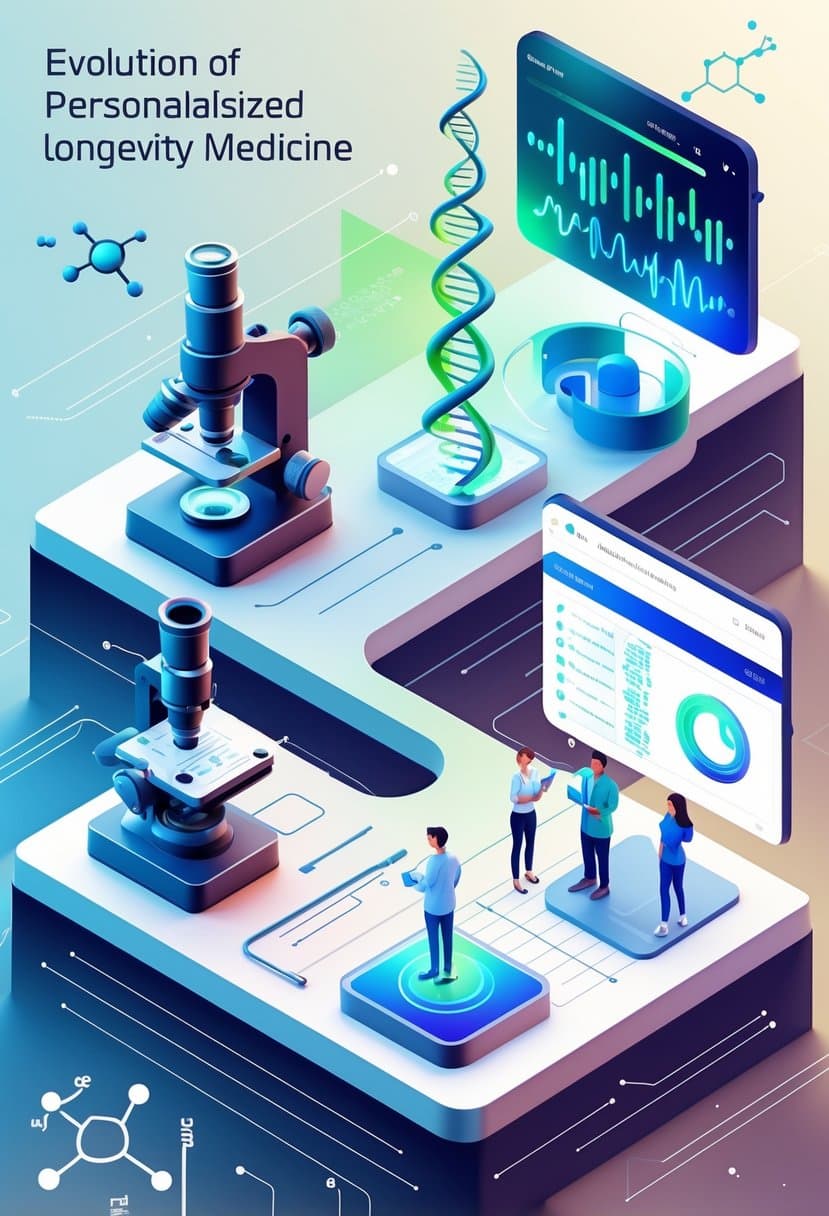 A detailed isometric illustration showing the progression of telomere measurement technologies from early scientific instruments to advanced sequencing machines and futuristic personalized longevity medicine with people using wearable health devices.
